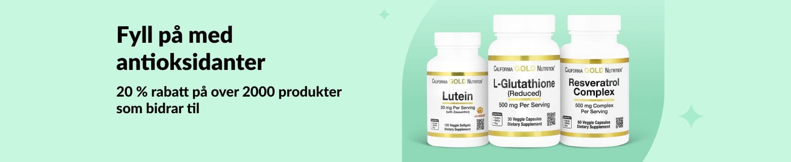 iHerb-banner som promoterer 20 % rabatt på antioksidanter, med California Gold Nutrition Lutein, L-glutation og Resveratrol.