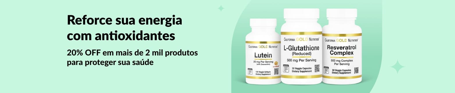 Banner da iHerb promovendo 20% OFF em antioxidantes, com destaque para Luteína, Glutationa e Resveratrol da California Gold Nutrition.