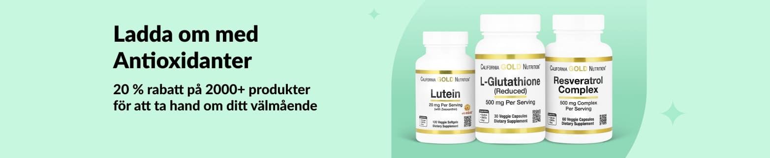 iHerb-banner som marknadsför 20 % rabatt på antioxidanter, inklusive California Gold Nutrition lutein, glutation och resveratrol.