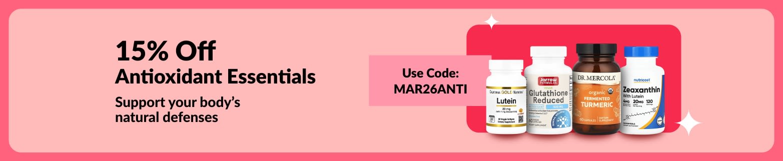 15% off antioxidant supplements with code MAR26ANTI, featuring wellness products.