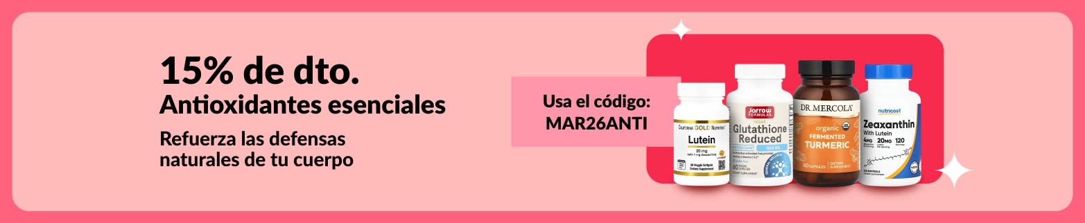 15% de descuento en antioxidantes con el código MAR26ANTI, mostrando productos de bienestar.