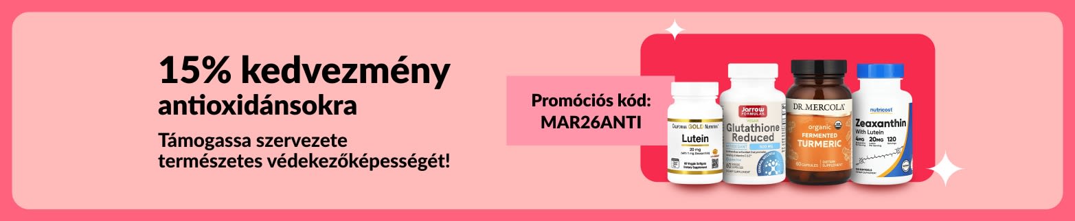 15% kedvezmény antioxidánsokra a MAR26ANTI kóddal. A képen étrend-kiegészítők láthatók.