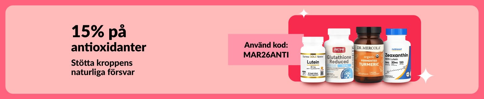 15% på antioxidanttillskott med koden MAR26ANTI, med hälsoprodukter.
