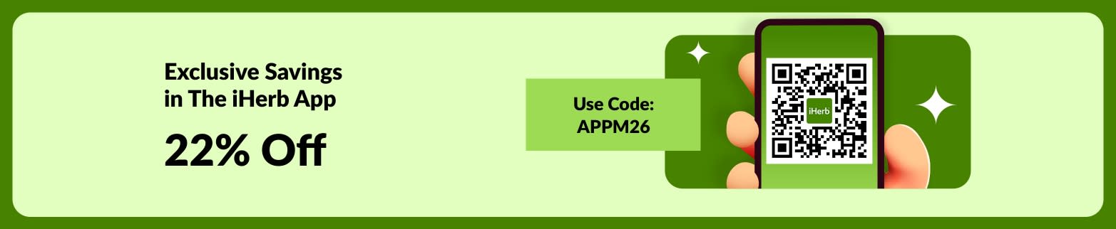 iHerb app exclusive savings banner showing 22% off with QR code and promo code APPM26.