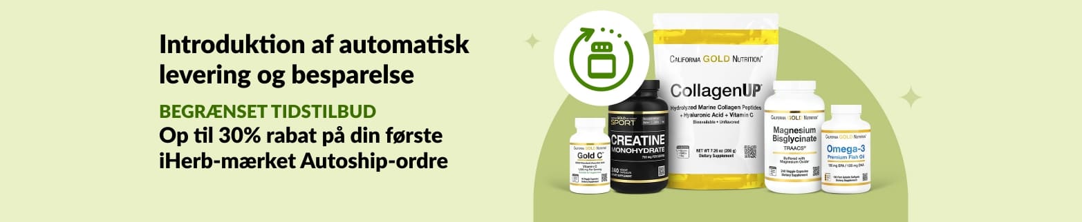 iHerb Autoship-banner med op til 30% rabat på første ordre på iHerb-mærkets kosttilskud, herunder CollagenUP og Omega-3.