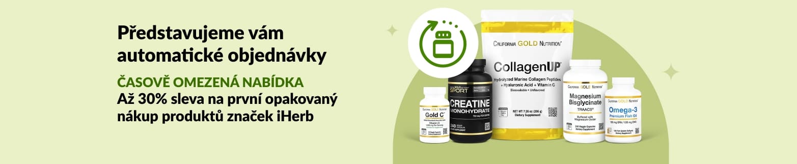Banner iHerb pro automatické objednávky nabízející až 30% slevu na první nákup značek iHerb, včetně CollagenUP a Omega-3.