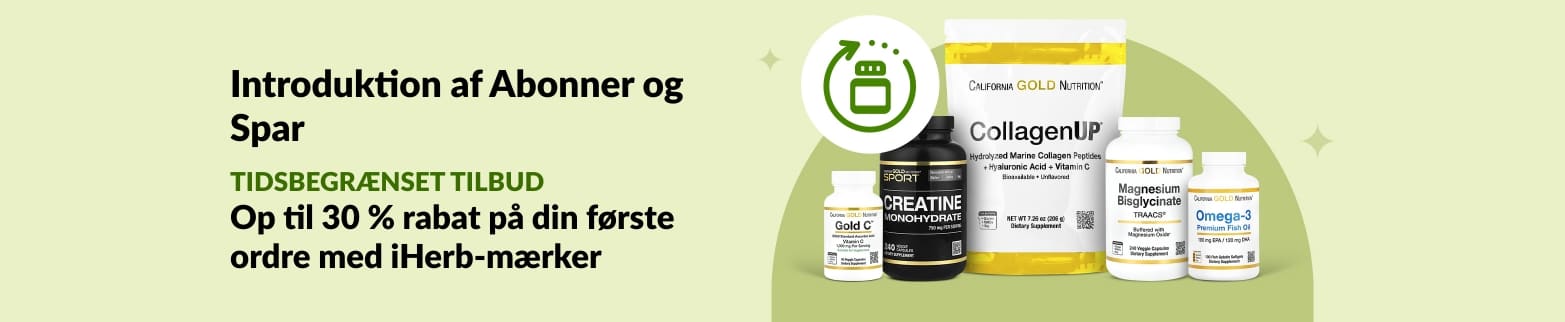iHerb Abonner-banner med op til 30 % rabat på første ordre på iHerb-mærkets kosttilskud, herunder CollagenUP og Omega-3.
