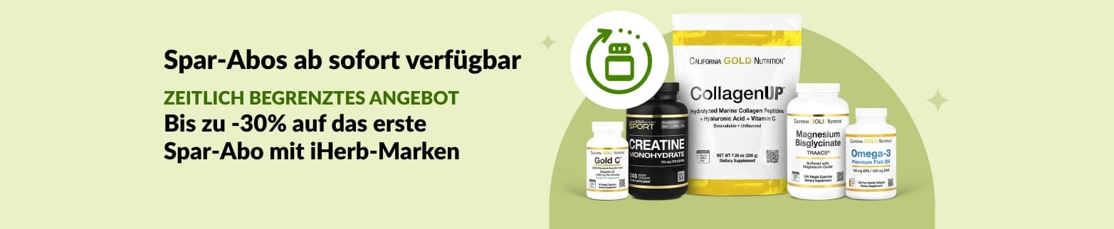 iHerb Spar-Abo Banner mit bis zu 30% Rabatt auf die erste Bestellung von Nahrungsergänzungsmitteln von iHerb-Marken wie CollagenUP und Omega-3.