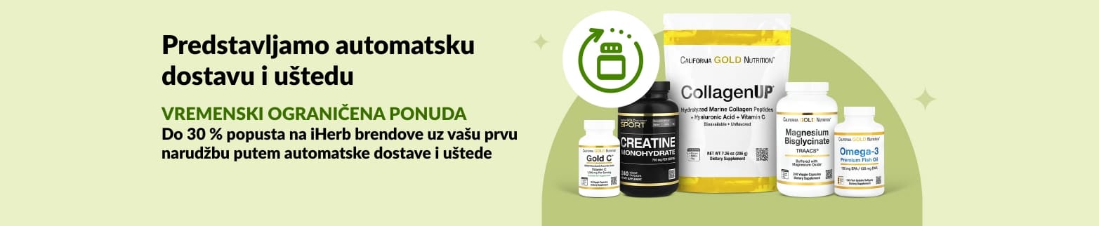 iHerb banner za automatsku dostavu i uštedu koji nudi do 30 % popusta na prvu narudžbu dodataka prehrani marke iHerb, uključujući CollagenUP i Omega-3.