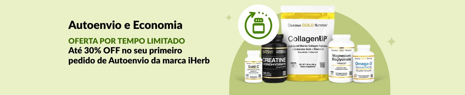 Banner do Autoenvio da iHerb oferecendo até 30% OFF em suplementos das marcas da iHerb no primeiro pedido, incluindo CollagenUP e Ômega-3.