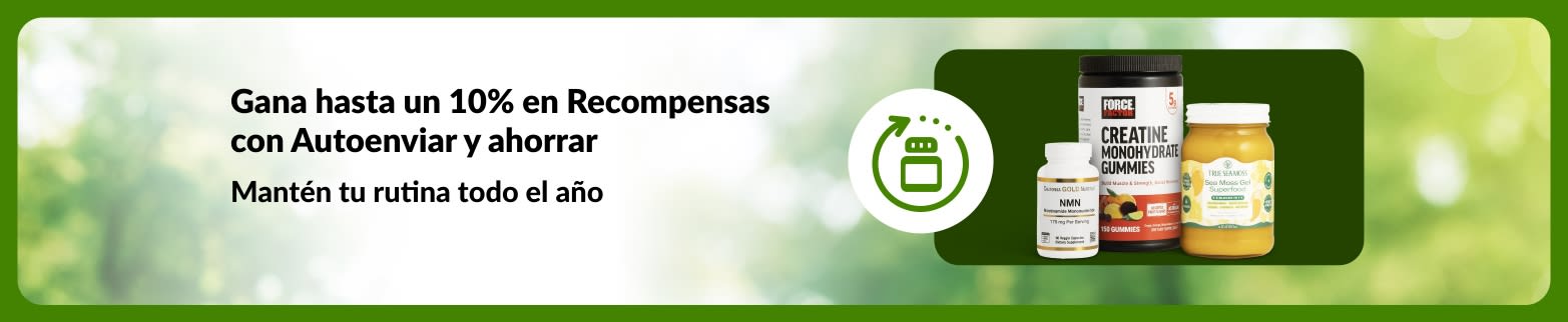Banner de iHerb Autoenviar y ahorrar, promocionando hasta 10% en Recompensas, con NMN, gomitas de creatina y gel de musgo marino para apoyar las rutinas diarias.
