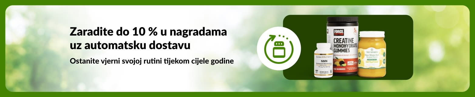 iHerb reklamni natpis koji promovira 10 % u nagradama za automatsku dostavu i uštedu, s prikazom NMN-a, gumeni bombona s kreatinom i gela od morske mahovine za podršku svakodnevnim rutinama.