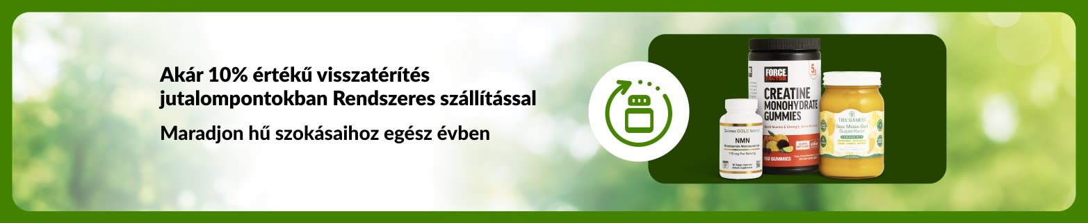 iHerb Rendszeres szállítás banner, amely akár 10% értékű visszatérítés kínál jutalompontokban, NMN-t, kreatin gumicukrokat és tengeri moha gélt ábrázolva a napi rutin támogatására.