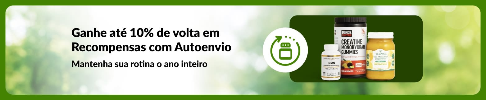 Banner de Autoenvio e Economia da iHerb promovendo até 10% de volta em Recompensas, com destaque para NMN, gomas de creatina e gel de sea moss para apoiar rotinas diárias.