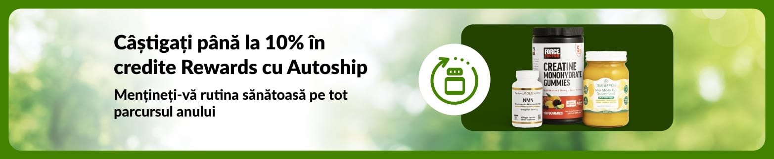 Banner iHerb Autoship & Save cu până la 10% reducere în credite Rewards, cu NMN, jeleuri cu creatină și gel de mușchi de mare.
