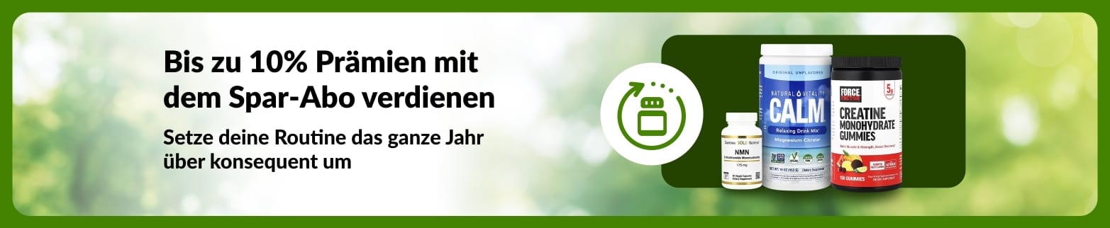 Banner für das Spar-Abo mit 10% Prämien und NMN, Kreatin und Knorpeltang-Gel zur Unterstützung der täglichen Routine.
