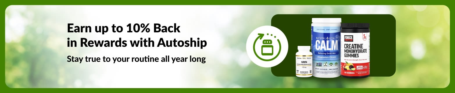 iHerb Autoship & Save banner promoting up to 10% rewards, featuring NMN, creatine gummies, and sea moss gel to support daily routines.