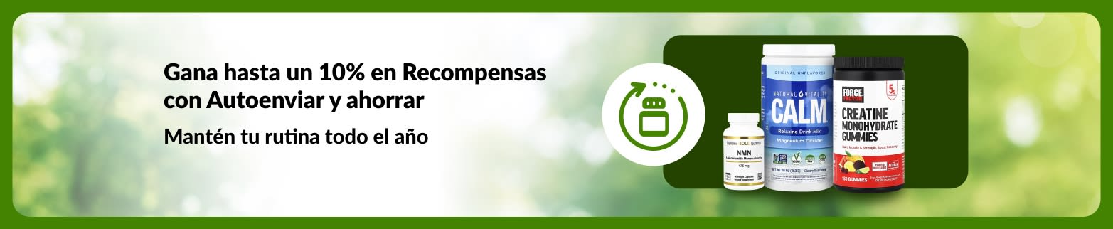 Banner de iHerb Autoenviar y ahorrar, promocionando hasta 10% en Recompensas, con NMN, gomitas de creatina y gel de musgo marino para apoyar las rutinas diarias.