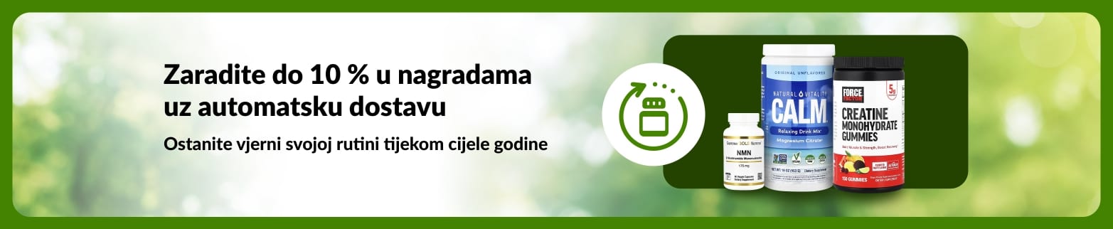 iHerb reklamni natpis koji promovira 10 % u nagradama za automatsku dostavu i uštedu, s prikazom NMN-a, gumeni bombona s kreatinom i gela od morske mahovine za podršku svakodnevnim rutinama.