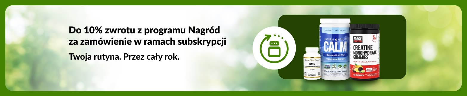Banner iHerb Subskrybuj i oszczędzaj promujący do 10% zwrotu, przedstawiający NMN, żelki z kreatyną oraz żel z mchu morskiego.