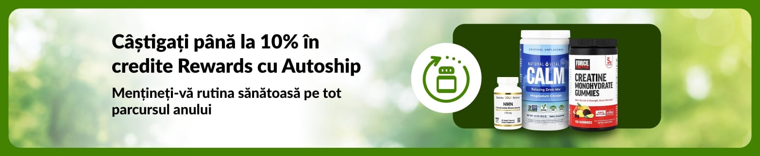 Banner iHerb Autoship & Save cu până la 10% reducere în credite Rewards, cu NMN, jeleuri cu creatină și gel de mușchi de mare.