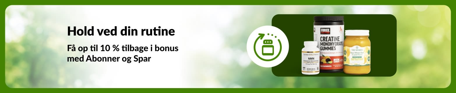 iHerb Abonner og Spar-banner, der promoverer op til 10 % i bonus, inklusive NMN, kreatinvingummier og havmosgel til at understøtte daglige rutiner.
