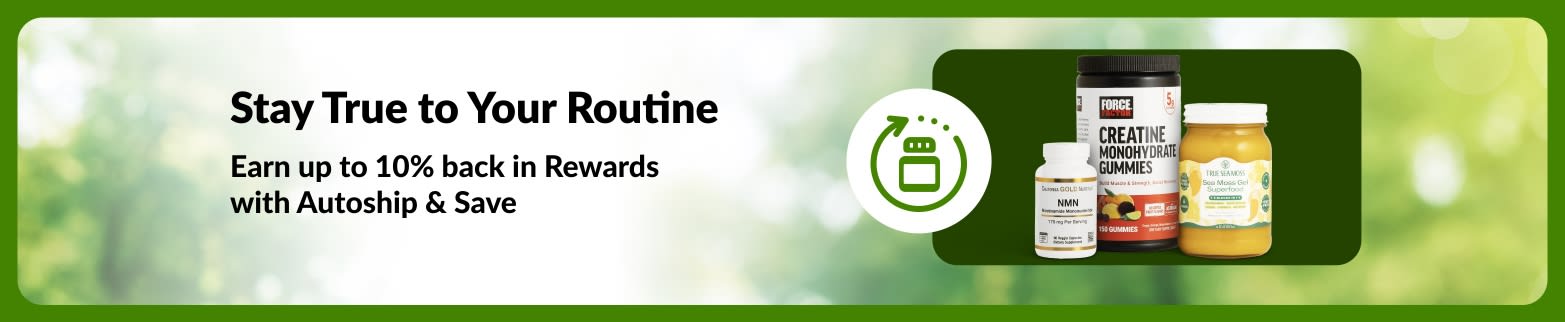 iHerb Autoship & Save banner promoting up to 10% Rewards, featuring NMN, creatine gummies and sea moss gel to support daily routines.