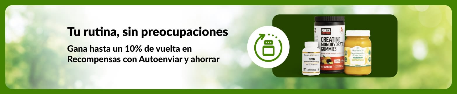 Banner de iHerb promocionando hasta un 10% en Recompensas con Autoenviar y ahorrar, mostrando NMN, gomitas de creatina y gel de musgo marino para apoyar la rutina diaria.