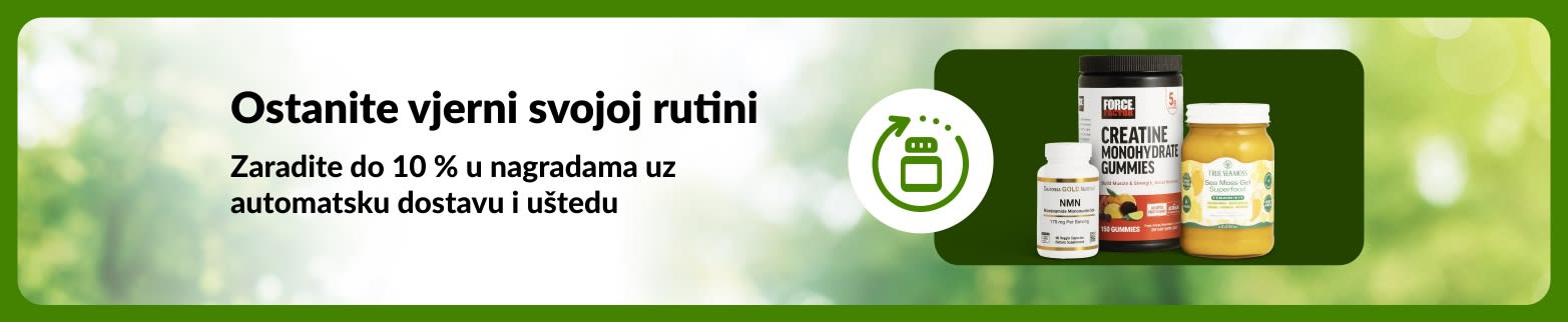 iHerb reklamni natpis koji promovira zaradu do 10 % u nagradama uz automatsku dostavu i uštedu, s prikazom NMN-a, kreatinskih gumenih bombona i gela od morske mahovine za podršku svakodnevnim rutinama.