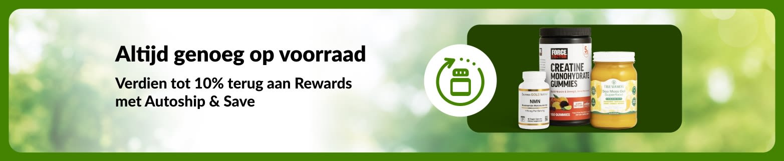 iHerb Autoship & Save-banner die 10% Rewards promoot, met NMN, creatinegummies en zeemosgel ter ondersteuning van de dagelijkse routines.
