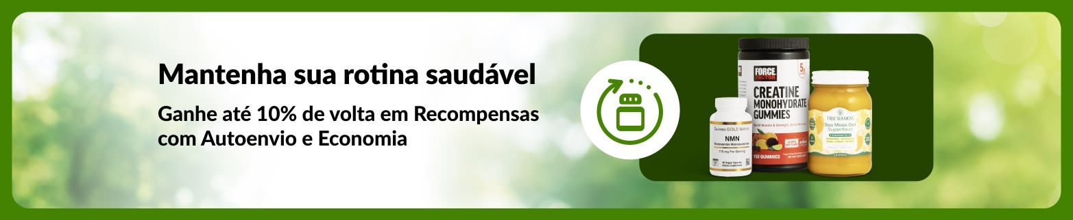 Banner do Autoenvio e Economia da iHerb promovendo até 10% em Recompensas, com produtos como NMN, gomas de creatina e gel de sea moss para apoiar a rotina diária.