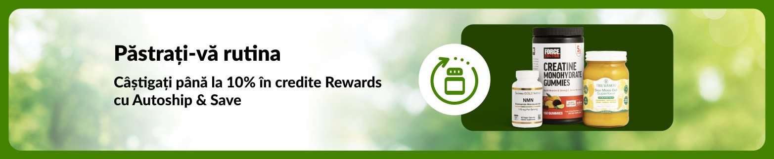 Banner iHerb Autoship & Save cu până la 10% Rewards, cu NMN, creatină jeleu și mușchi de mare gel pentru rutina zilnică.