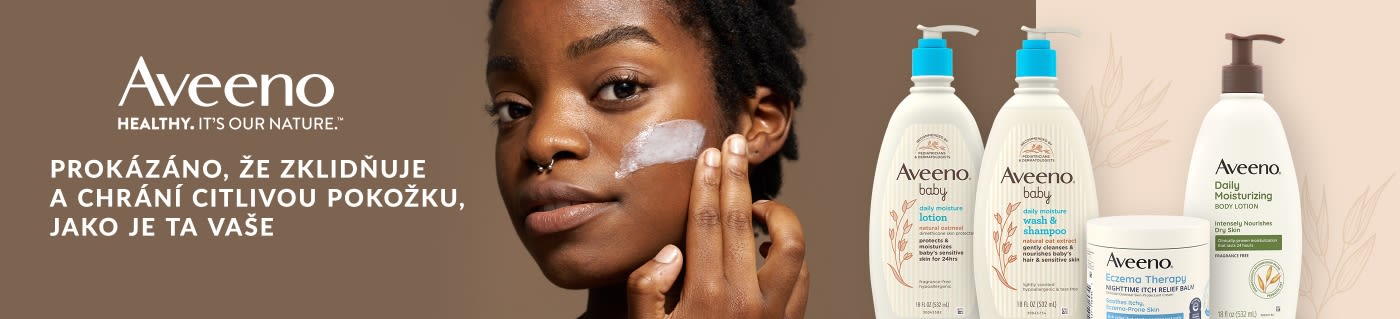 Aveeno banner showcasing lotions and creams for sensitive skin, featuring woman applying moisturizer and product lineup.