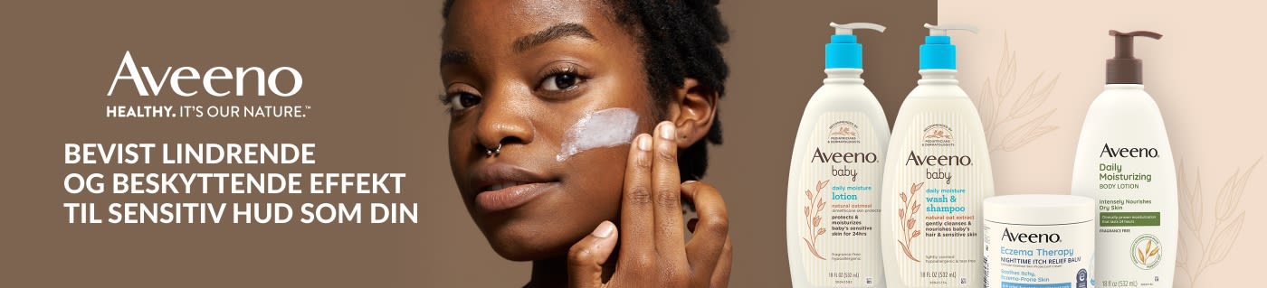 Aveeno-banner, der præsenterer lotions og cremer til sensitiv hud, med kvinde, der påfører fugtighedscreme, og et produktsortiment.