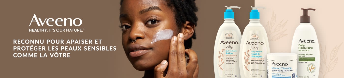 Aveeno banner showcasing lotions and creams for sensitive skin, featuring woman applying moisturizer and product lineup.