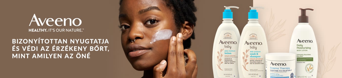 Aveeno banner showcasing lotions and creams for sensitive skin, featuring woman applying moisturizer and product lineup.