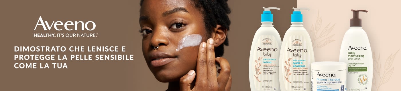 Aveeno banner showcasing lotions and creams for sensitive skin, featuring woman applying moisturizer and product lineup.