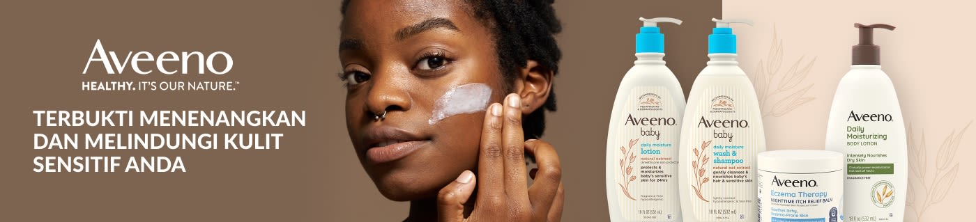 Sepanduk Aveeno mempamerkan losyen dan krim untuk kulit sensitif, menampilkan wanita menggunakan pelembap dan rangkaian produk.