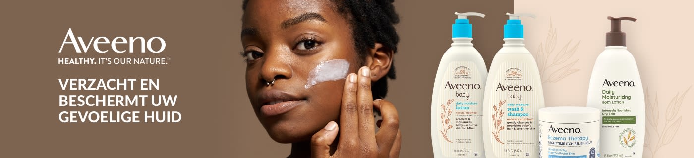 Aveeno banner met lotions en crèmes voor gevoelige huid, met een paar producten..