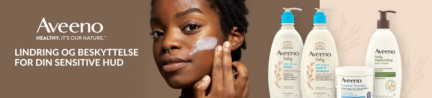 Aveeno-banner som viser lotioner og kremer for sensitiv hud, med en kvinne som påfører fuktighetskrem og et produktutvalg.