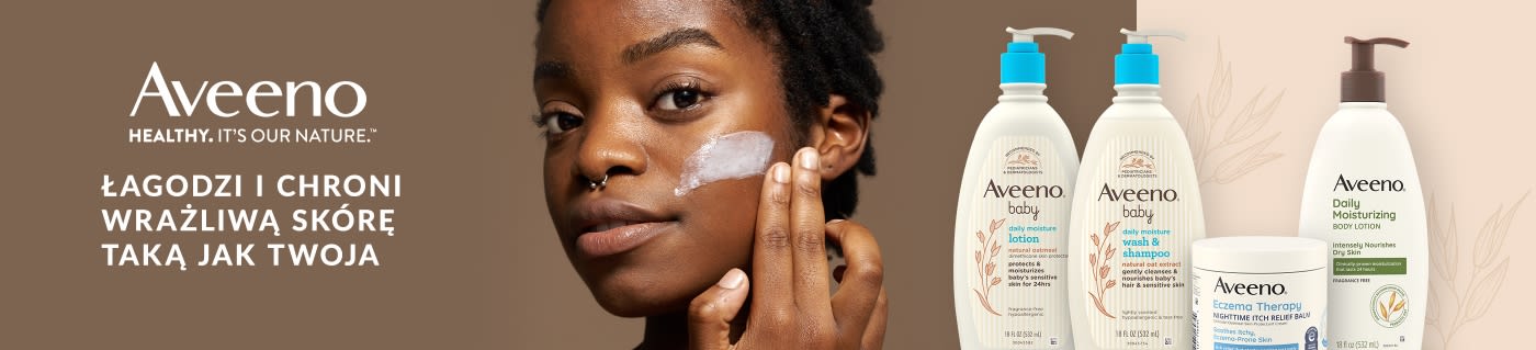 Aveeno banner showcasing lotions and creams for sensitive skin, featuring woman applying moisturizer and product lineup.
