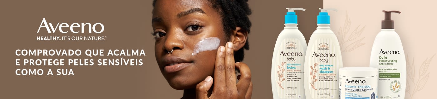 Aveeno banner showcasing lotions and creams for sensitive skin, featuring woman applying moisturizer and product lineup.