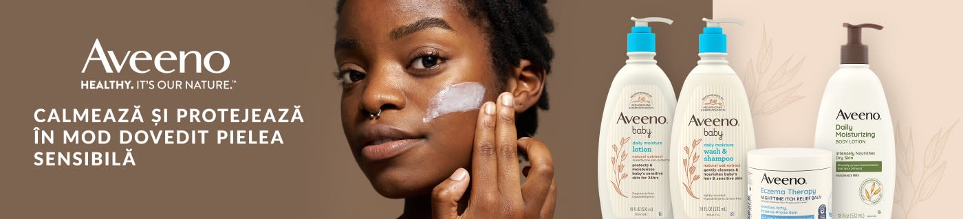 Aveeno banner showcasing lotions and creams for sensitive skin, featuring woman applying moisturizer and product lineup.