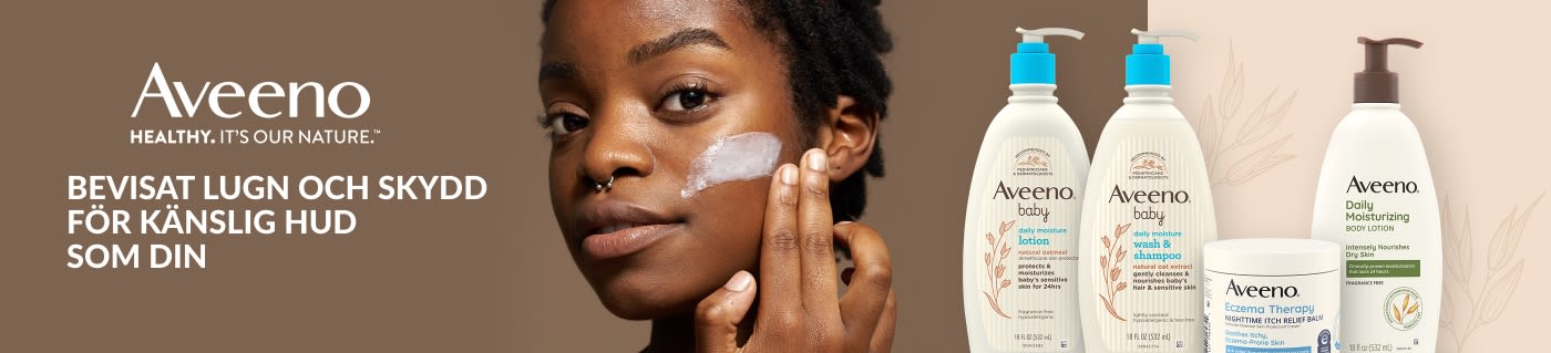 Aveeno-banner som visar upp lotioner och krämer för känslig hud, med en kvinna som applicerar fuktighetskräm och ett produktsortiment.
