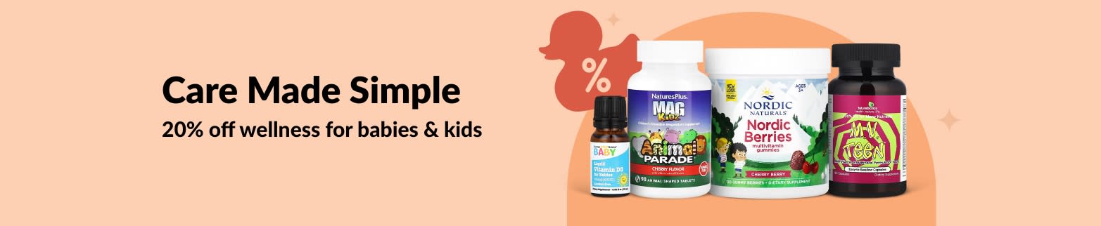 iHerb banner promoting 20% off wellness products for babies and kids, featuring vitamins and gummies.