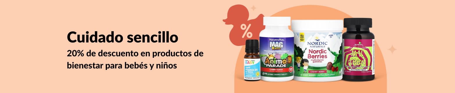 Banner promocional de iHerb con 20% de descuento en productos de bienestar para bebés y niños. Incluye imágenes de vitaminas y gomitas.