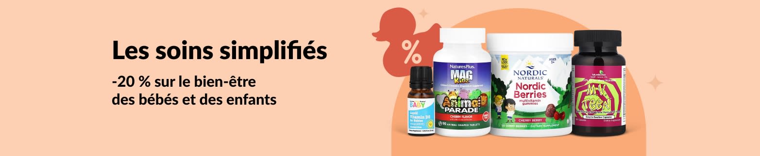 Bannière iHerb proposant une réduction de 20 % sur les produits de bien-être pour bébés et enfants, notamment des vitamines et des bonbons gélifiés.