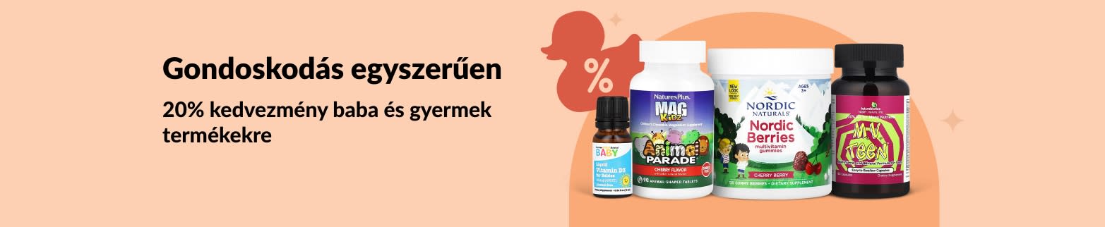 iHerb banner, amely 20% kedvezményt hirdet csecsemők és gyermekek számára készült wellness termékekre, vitaminokra és gumicukrokra.