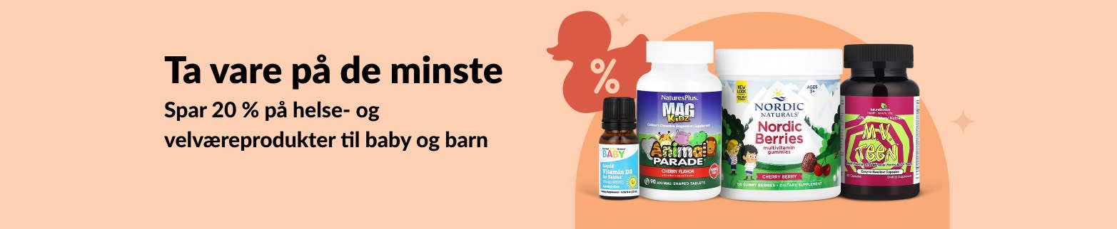 iHerb-banner som promoterer 20 % rabatt på velværeprodukter til baby og barn, inkludert vitaminer og gummies.
