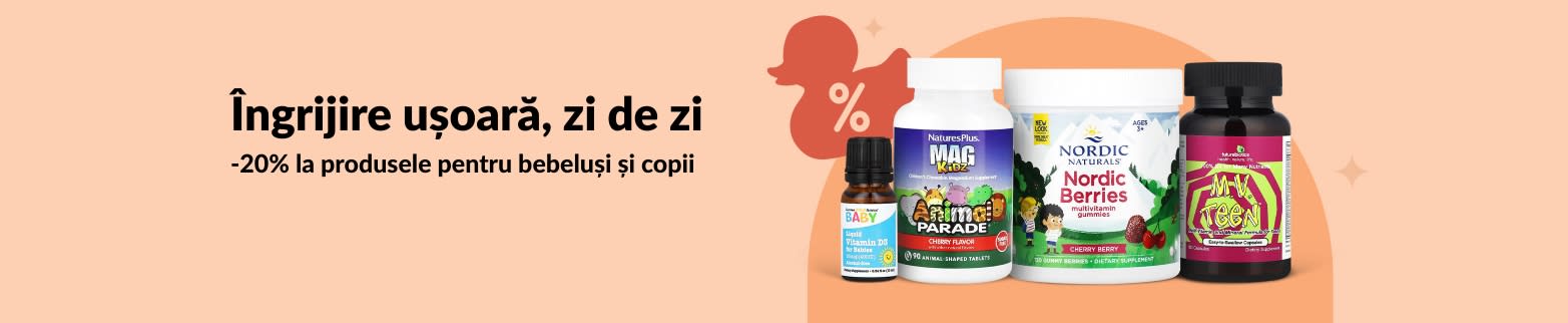 Banner iHerb ce promovează produse pentru bebeluși și copii cu 20% reducere, inclusiv vitamine și jeleuri.